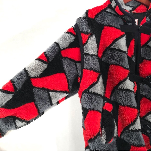Vintage funky faux fur abstract red grey and black geometric shapes retro jacket - Picture 5 of 8